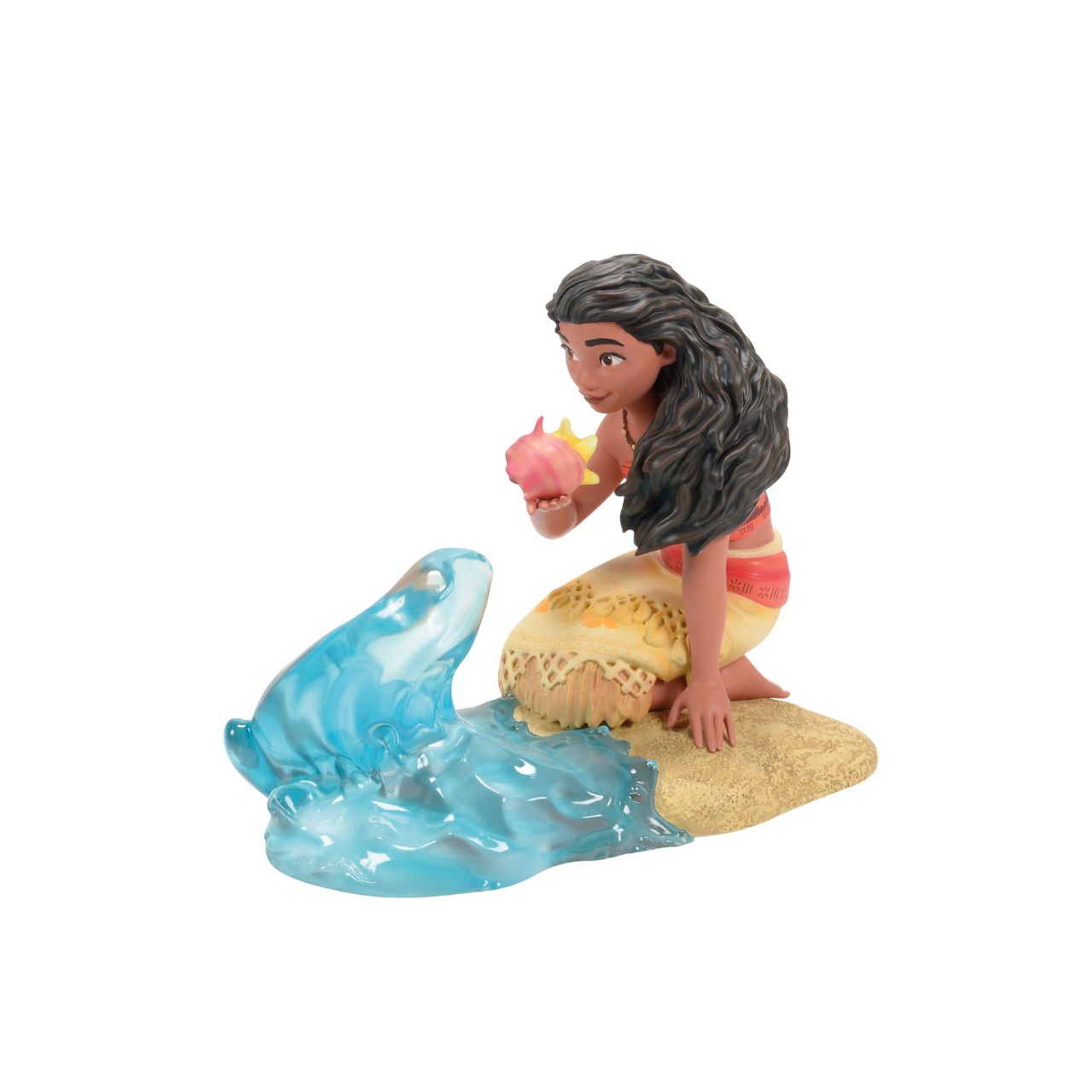 A clear resin wave swirls around Moana knees, creating a sense of motion and energy, reflecting her deep connection to the sea and her fearless spirit. Every detail is meticulously crafted, from Moana's traditional Polynesian attire to her confident expression and flowing hair.