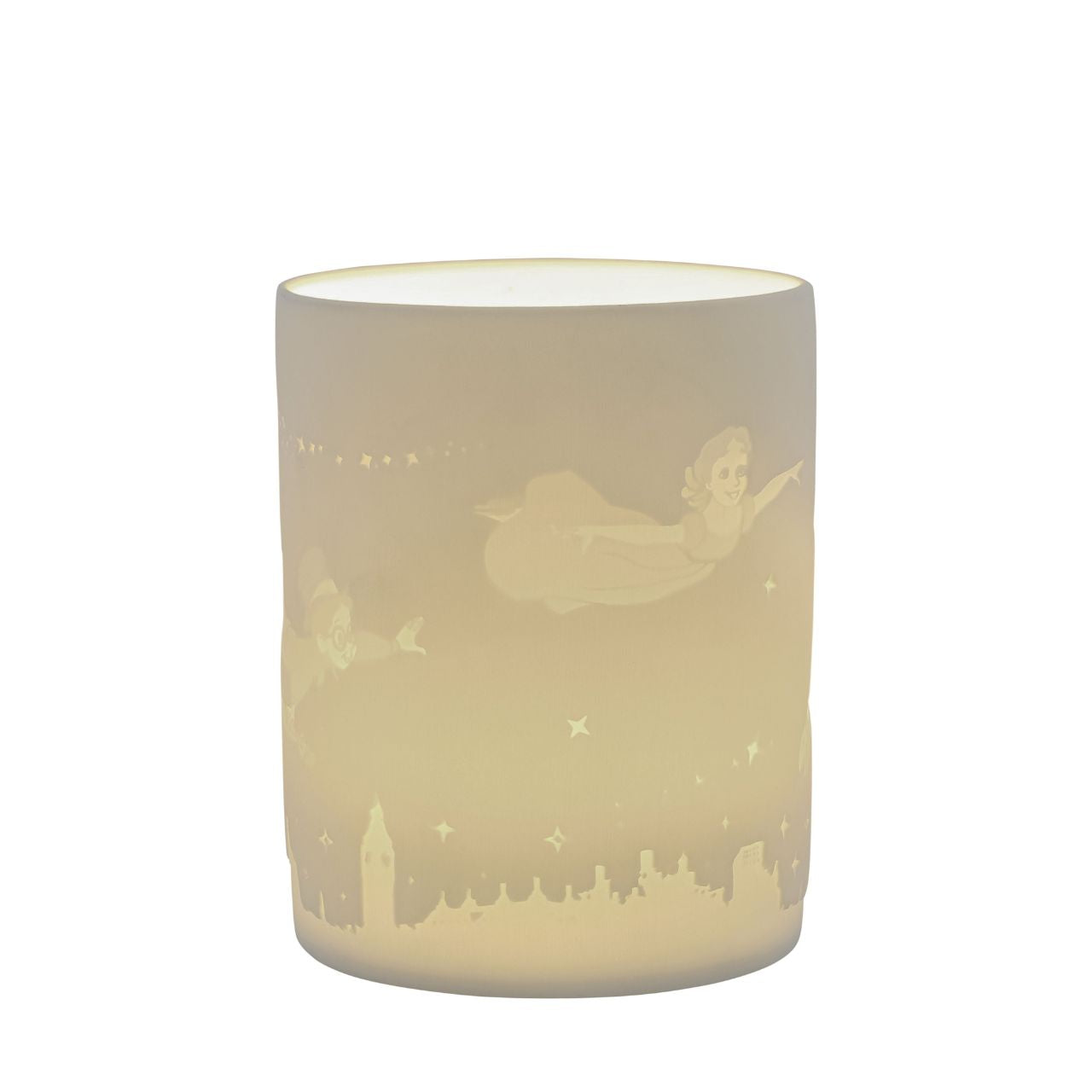 Disney Peter Pan Tea Light Holder Never Land's Waiting  Celebrate Peter Pan's 70th anniversary in 2023 with this one of a kind Disney porcelain tea light holder. Leave the world behind and bid your cares goodbye when you see Peter Pan, Tinker Bell, Wendy, John and Michael flicker around your room when you light the LED candle. The Peter Pan characters are etched into the thin translucent porcelain radiating a warm night light.