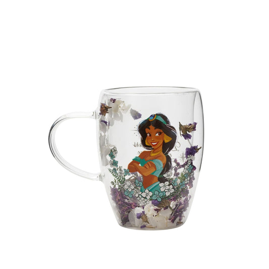 Step into the enchanting world of Disney with the Disney Pastel Princess Glass Mug, featuring Jasmine surrounded by dried flowers.