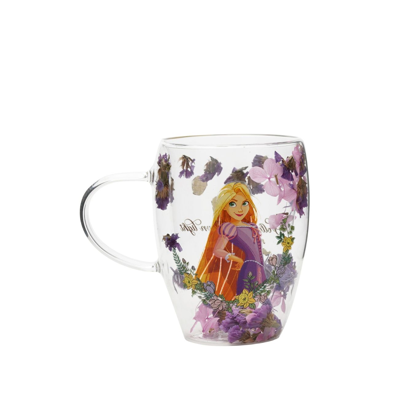 Step into the enchanting world of Disney with the Disney Pastel Princess Glass Mug with Dried Flowers - Rapunzel.