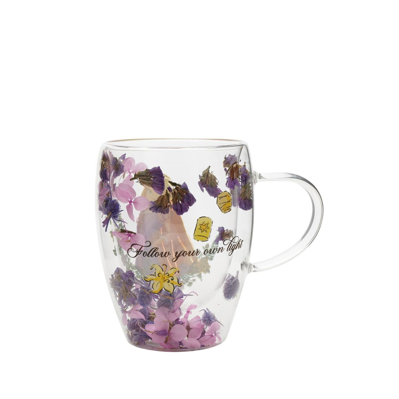 Step into the enchanting world of Disney with the Disney Pastel Princess Glass Mug with Dried Flowers - Rapunzel.