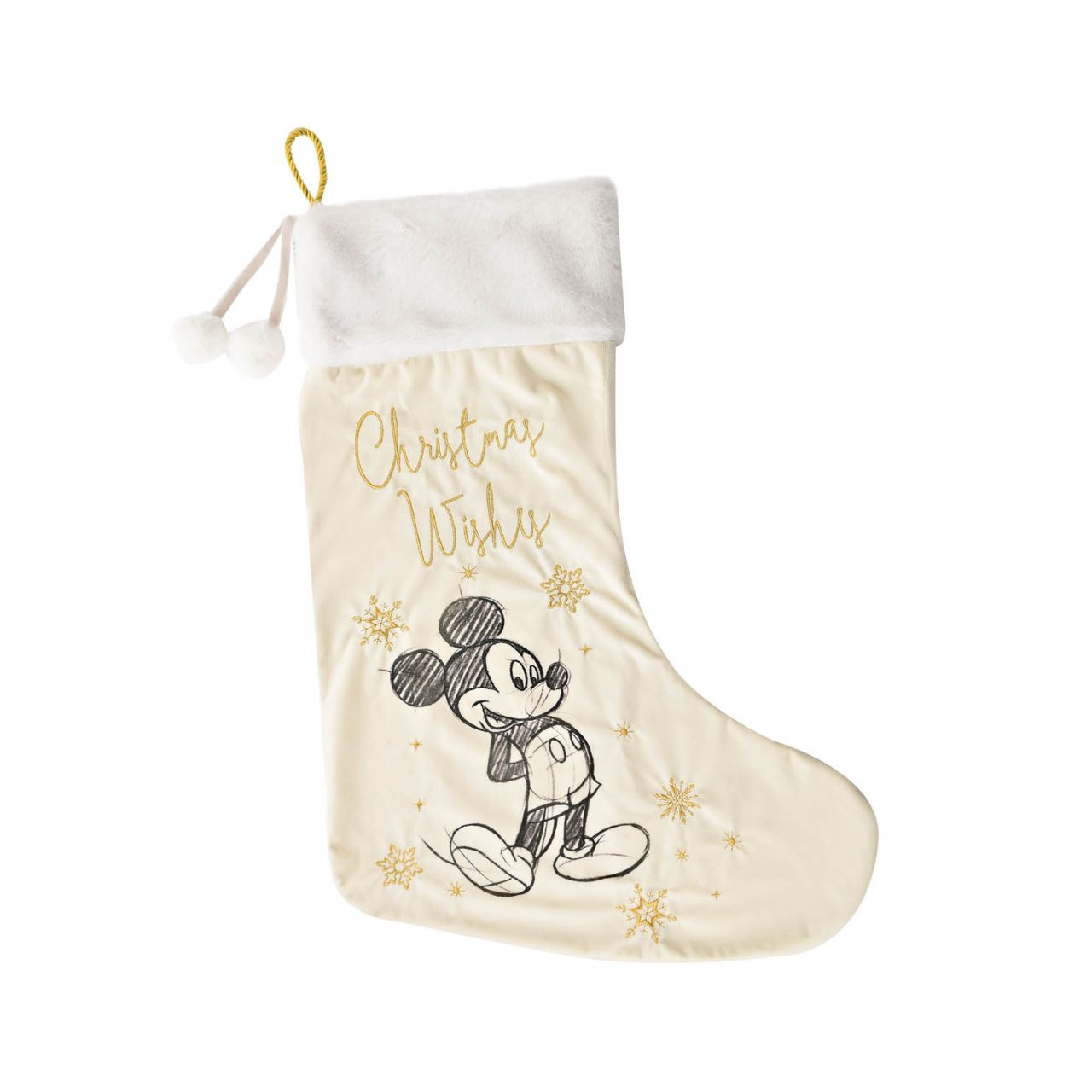 Disney Mickey Mouse Plush Velvet Stocking  Give Santa the perfect place to leave those gifts with this beautiful white velveteen Mickey Mouse stocking with gold embroidery. From Disney Classic Collectables - luxurious collectable gifts for the enduring Disney fan.