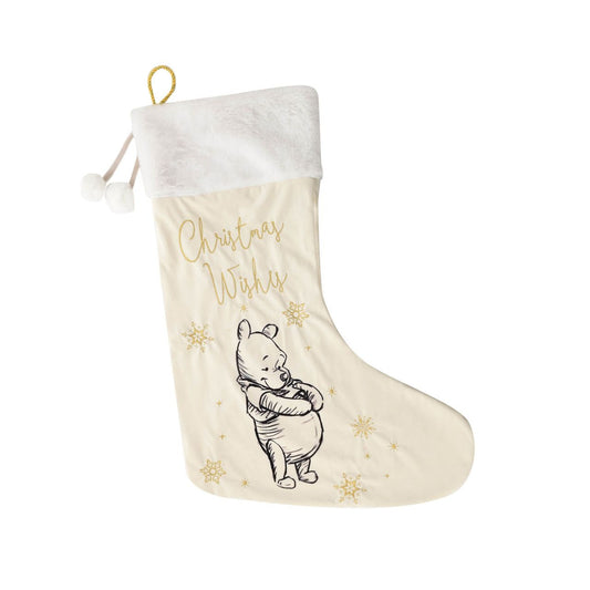 Disney Winnie The Pooh Plush Velvet Stocking  Give Santa the perfect place to leave those gifts with this beautiful white velveteen Winnie The Pooh stocking with gold embroidery. From Disney Classic Collectables - luxurious collectable gifts for the enduring Disney fan.