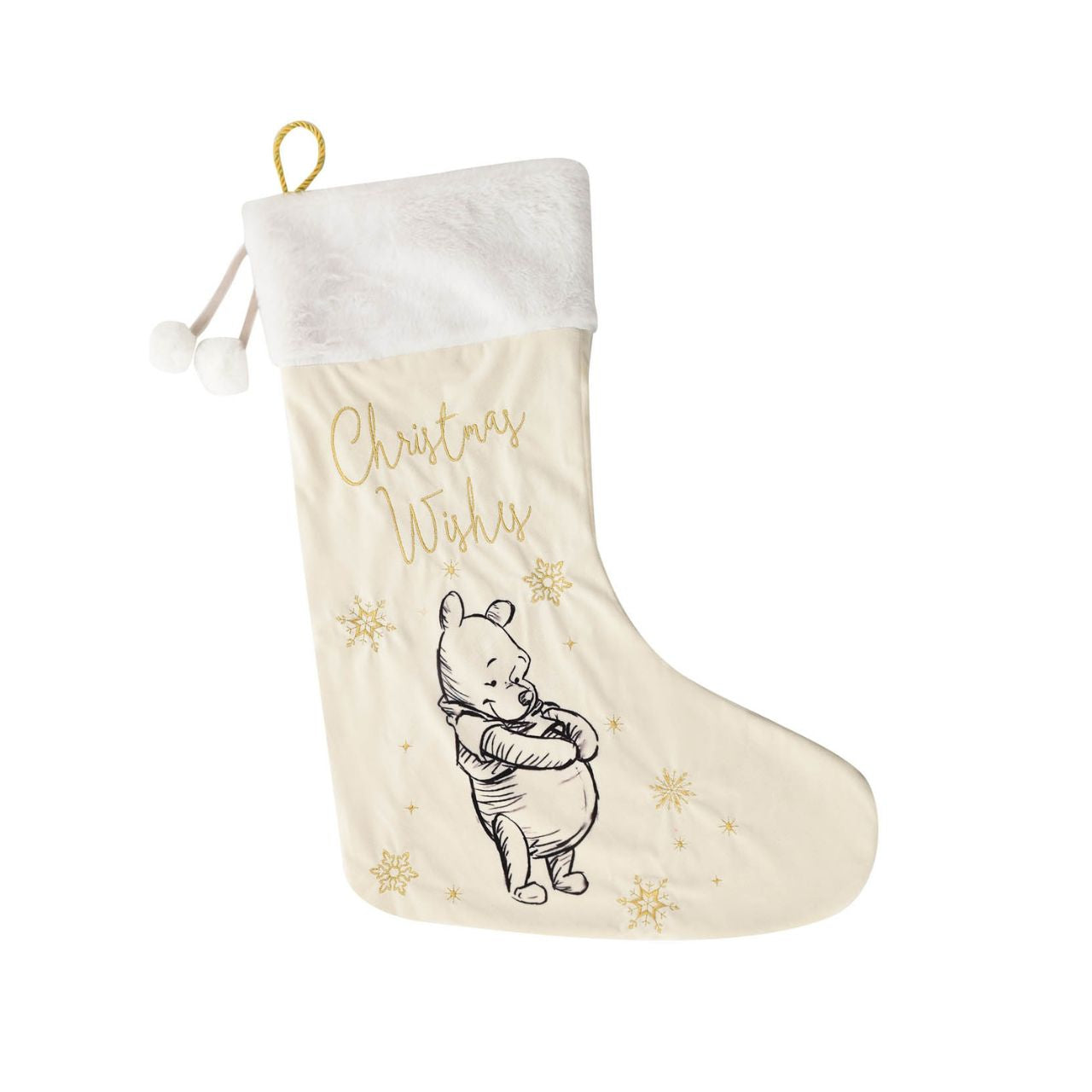 Disney Winnie The Pooh Plush Velvet Stocking  Give Santa the perfect place to leave those gifts with this beautiful white velveteen Winnie The Pooh stocking with gold embroidery. From Disney Classic Collectables - luxurious collectable gifts for the enduring Disney fan.