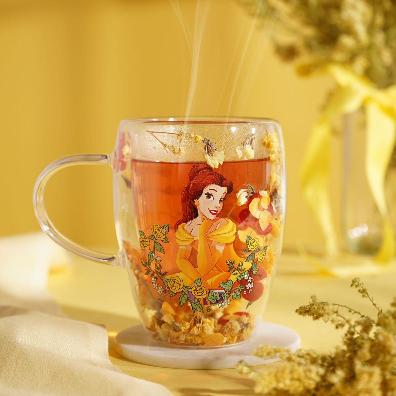 Step into the enchanting world of Disney with the Disney Pastel Princess Glass Mug with Dried Flowers - Belle.