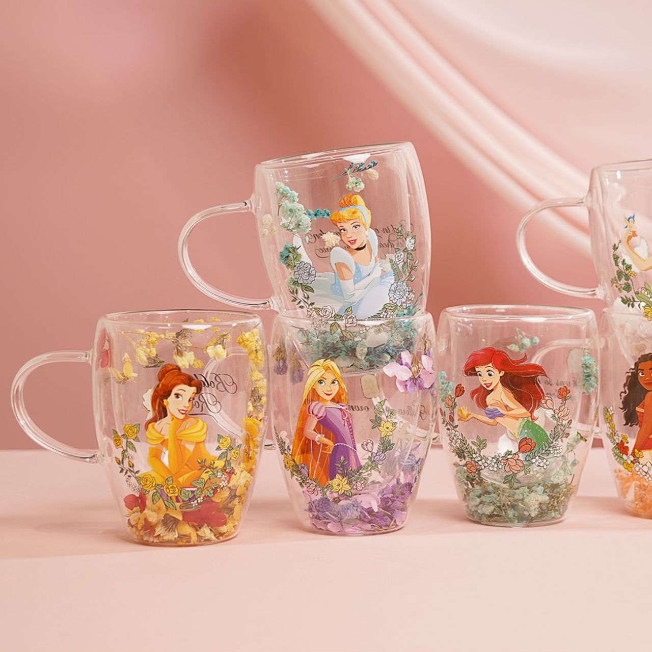Step into the enchanting world of Disney with the Disney Pastel Princess Glass Mug with Dried Flowers - Belle.
