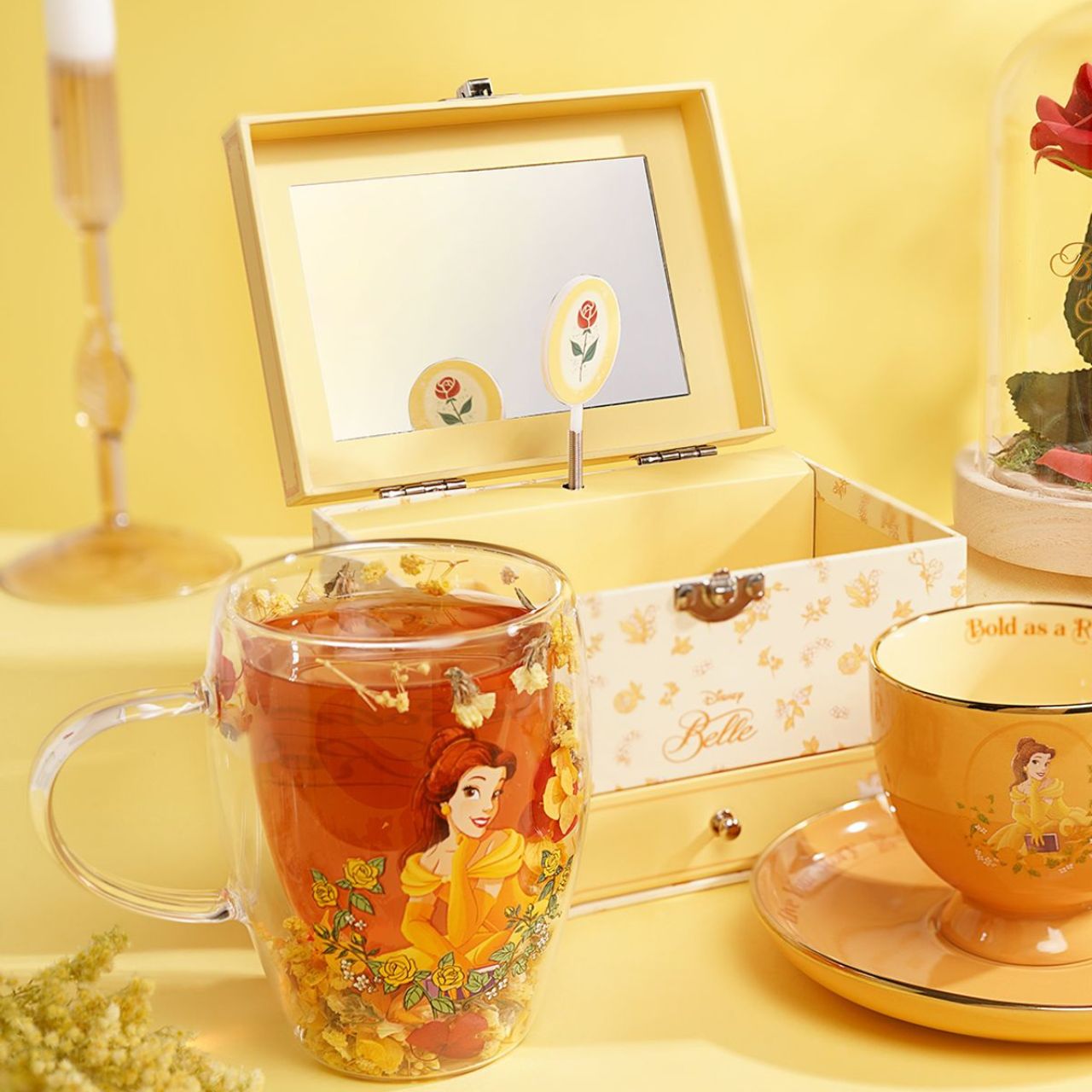 Step into the enchanting world of Disney with the Disney Pastel Princess Glass Mug with Dried Flowers - Belle.