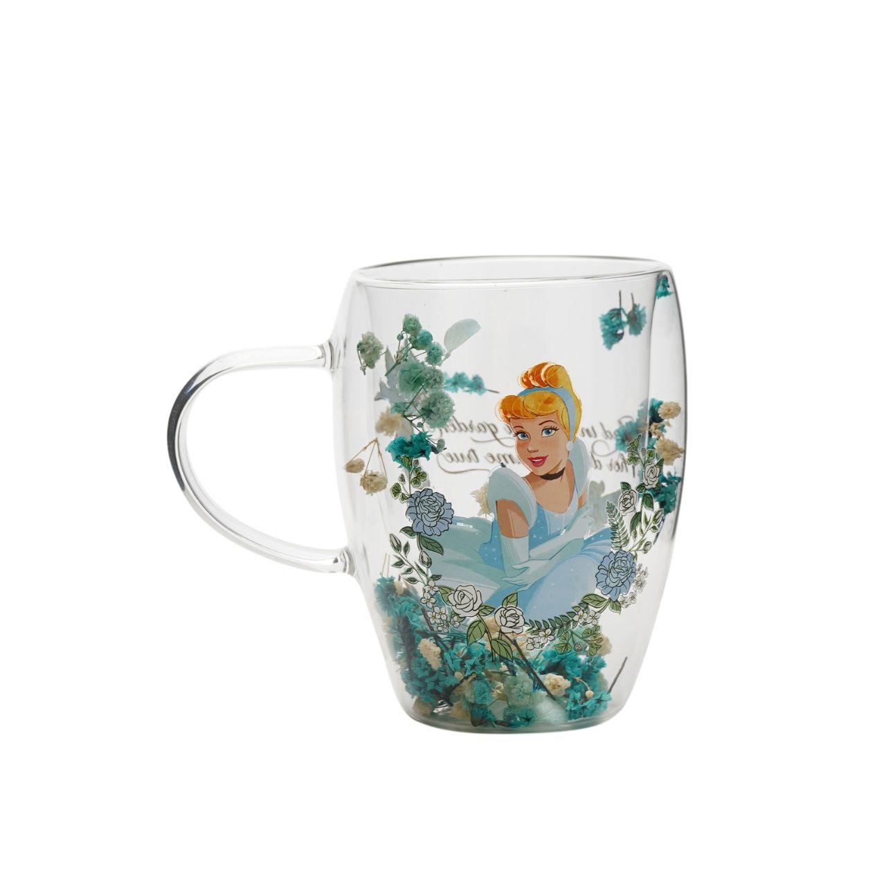 Step into the enchanting world of Disney with the Pastel Princess Glass Mug, adorned with a colourful illustration of Cinderella amidst a cascade of dried flowers.