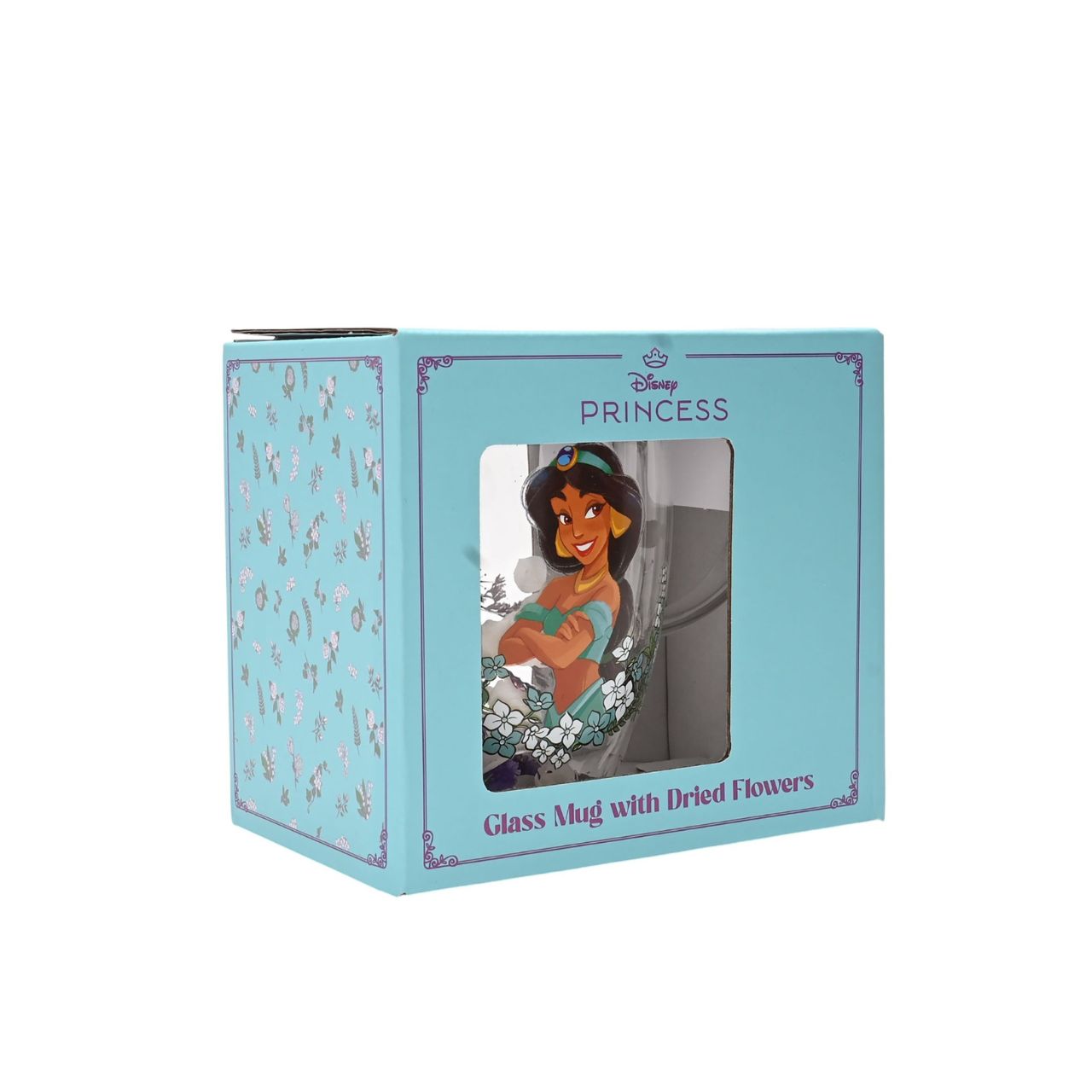 Step into the enchanting world of Disney with the Disney Pastel Princess Glass Mug, featuring Jasmine surrounded by dried flowers.