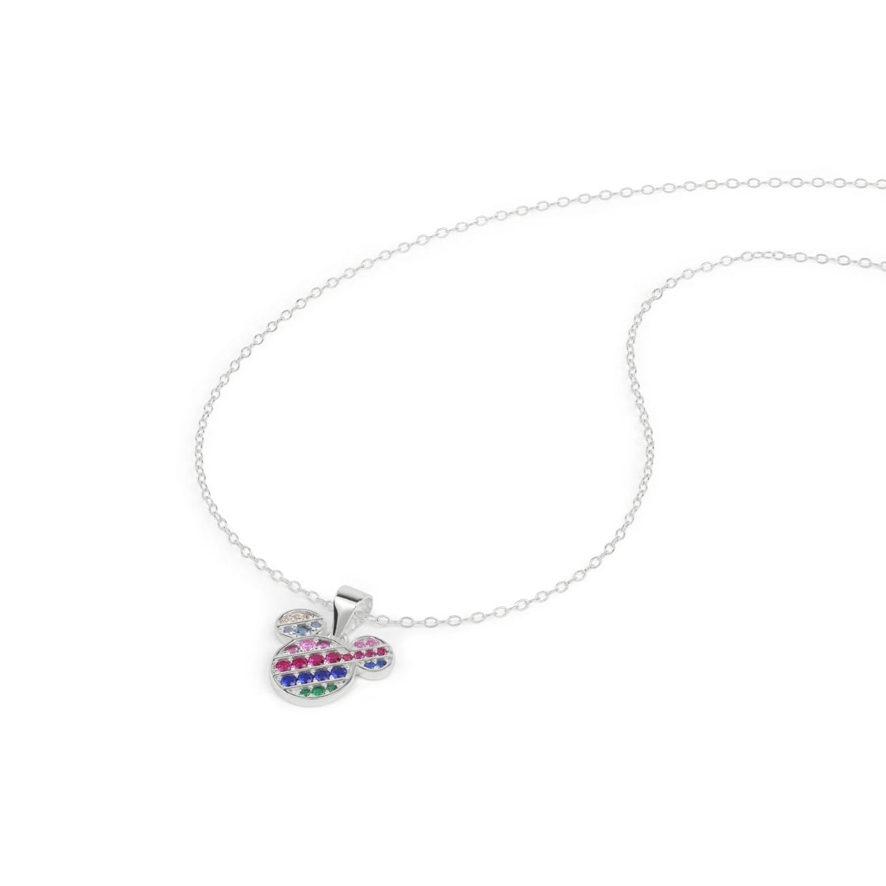 This Disney Sterling Silver Diagonal Nano Rainbow Pave Mickey Mouse 18" Necklace features a dazzling, colourful design that sparkles in the light. Made from high-quality sterling silver, this necklace is sure to add a touch of magic to any outfit. Perfect for Disney fans of all ages.