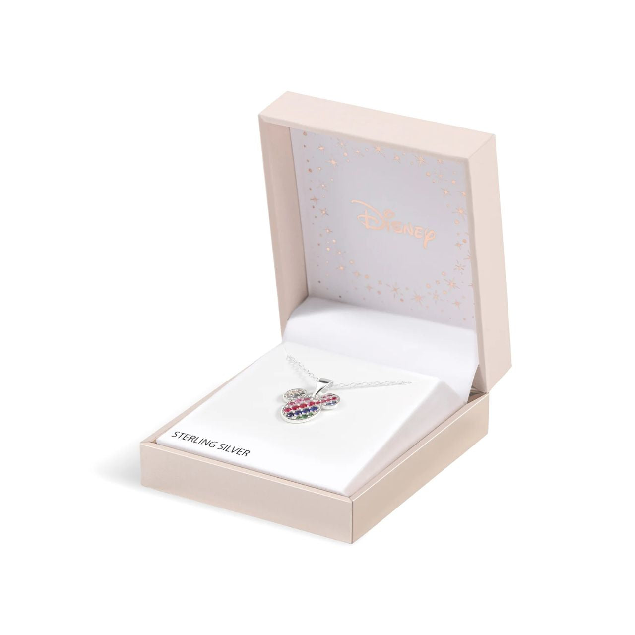 This Disney Sterling Silver Diagonal Nano Rainbow Pave Mickey Mouse 18" Necklace features a dazzling, colourful design that sparkles in the light. Made from high-quality sterling silver, this necklace is sure to add a touch of magic to any outfit. Perfect for Disney fans of all ages.