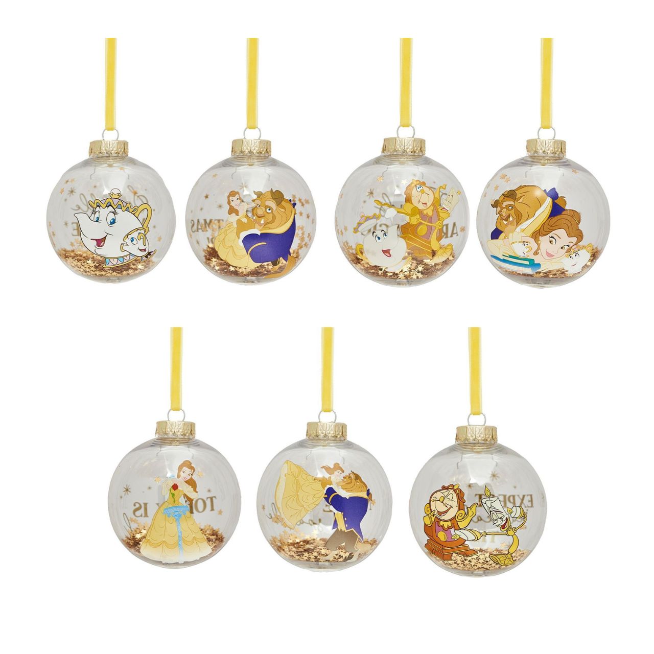 Make Christmas sparkle with this magical set of seven glass baubles featuring beloved characters from Disney's Beauty and the Beast. This set brings the enchanting tale to life with Belle, Beast, Lumiere, Mrs. Potts and others, adorning the delicate ornaments.