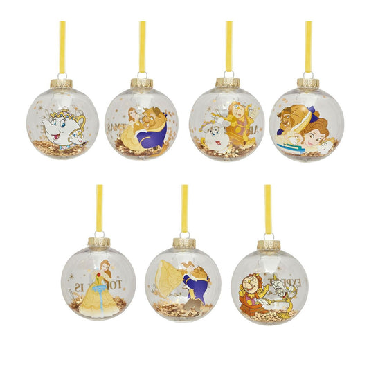 Make Christmas sparkle with this magical set of seven glass baubles featuring beloved characters from Disney's Beauty and the Beast. This set brings the enchanting tale to life with Belle, Beast, Lumiere, Mrs. Potts and others, adorning the delicate ornaments.