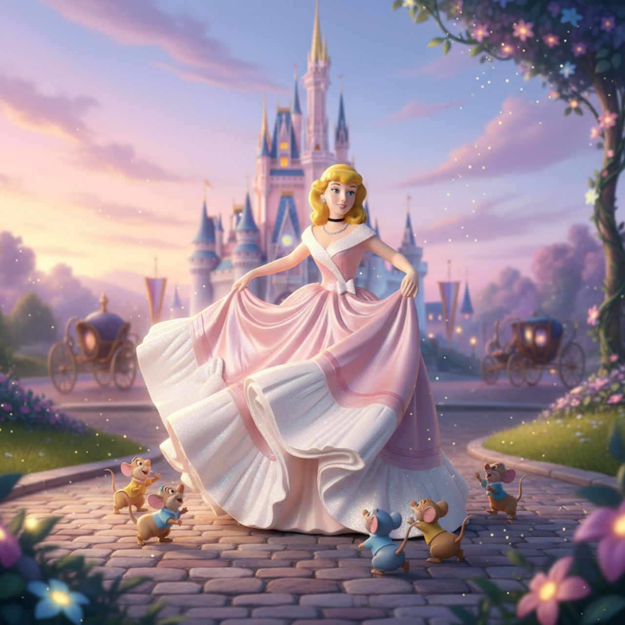 Disney Couture de Force celebrates the 70th Anniversary of Cinderella. She is captured here in her classic pink gown of "what might have been." With the help of her mice tailors, the dress shimmers with satin finishes, iridescent glitter and jewels.