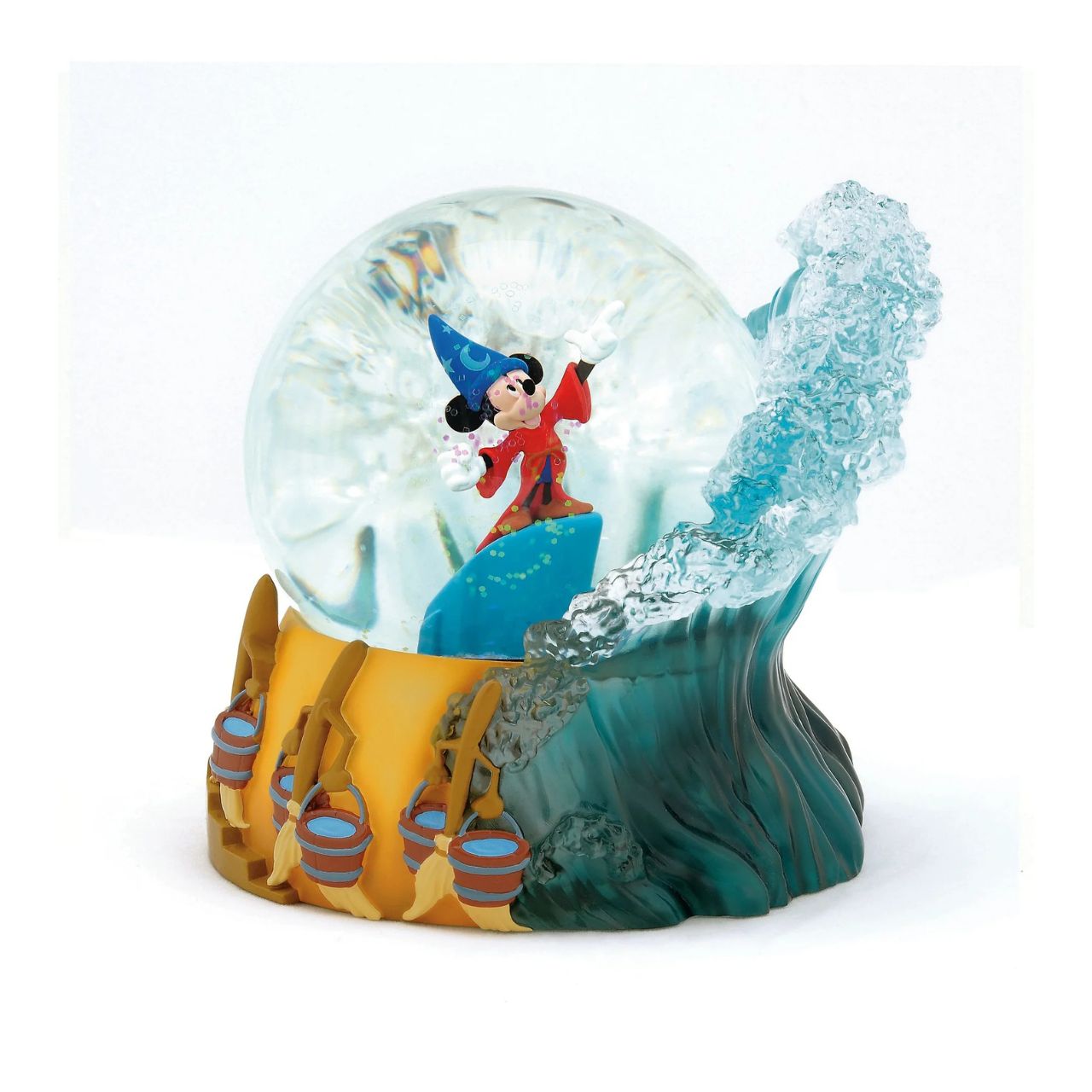 Celebrate the 85th Anniversary of Walt Disney's animated masterpiece Fantasia with this 100 MM water globe featuring the Sorcerer's Apprentice Mickey Mouse as he commands the water baring magical broomsticks and crashing waves made of clear resin.