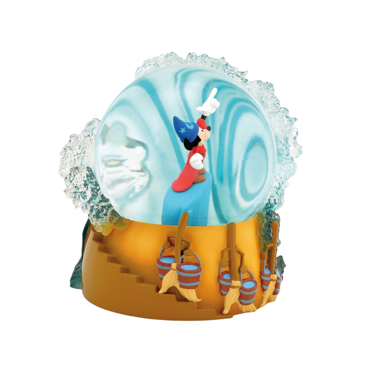 Celebrate the 85th Anniversary of Walt Disney's animated masterpiece Fantasia with this 100 MM water globe featuring the Sorcerer's Apprentice Mickey Mouse as he commands the water baring magical broomsticks and crashing waves made of clear resin.