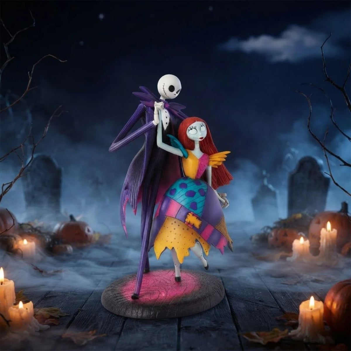 This exquisite collectible captures the hauntingly beautiful moment as Jack Skellington and Sally twirl gracefully beneath the moonlight. Meticulously crafted and vivid colouring, it's a must-have for fans of Tim Burton's beloved Disney classic, The Nightmare Before Christmas, bringing the film's magic to life on your shelf.