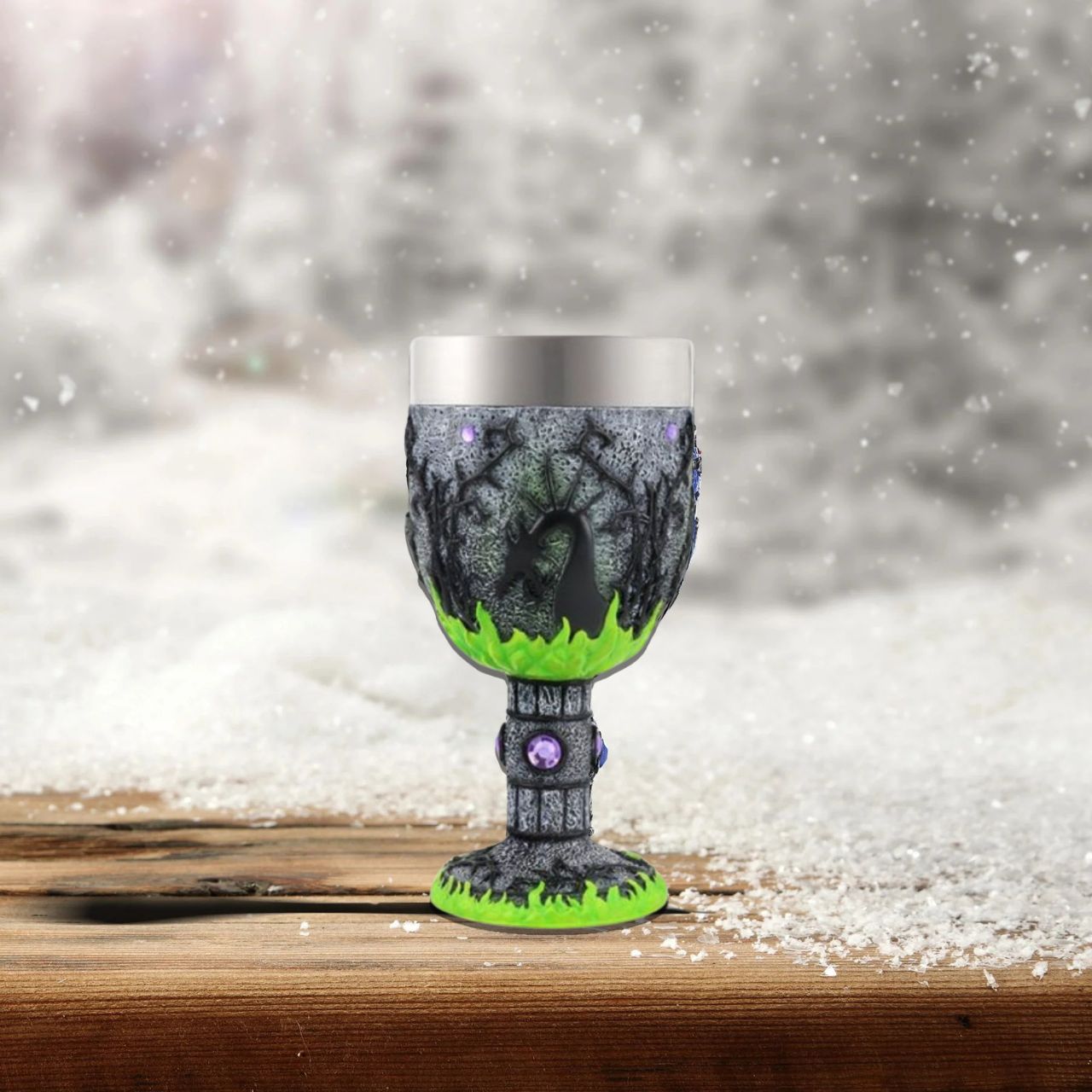 This magnificent Maleficent chalice is inspired by Walt Disney's 1959 animated film, Sleeping Beauty. With dazzling detail and creative draftsmanship, this unique collectible highlights the magic and majesty of the Mistress of Evil.