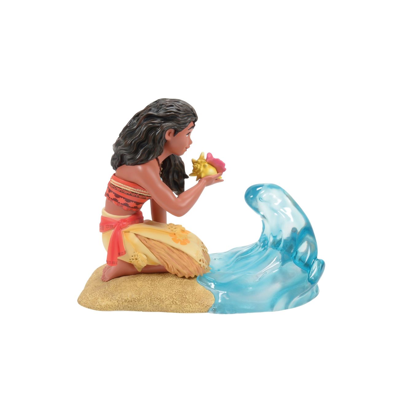 A clear resin wave swirls around Moana knees, creating a sense of motion and energy, reflecting her deep connection to the sea and her fearless spirit. Every detail is meticulously crafted, from Moana's traditional Polynesian attire to her confident expression and flowing hair.