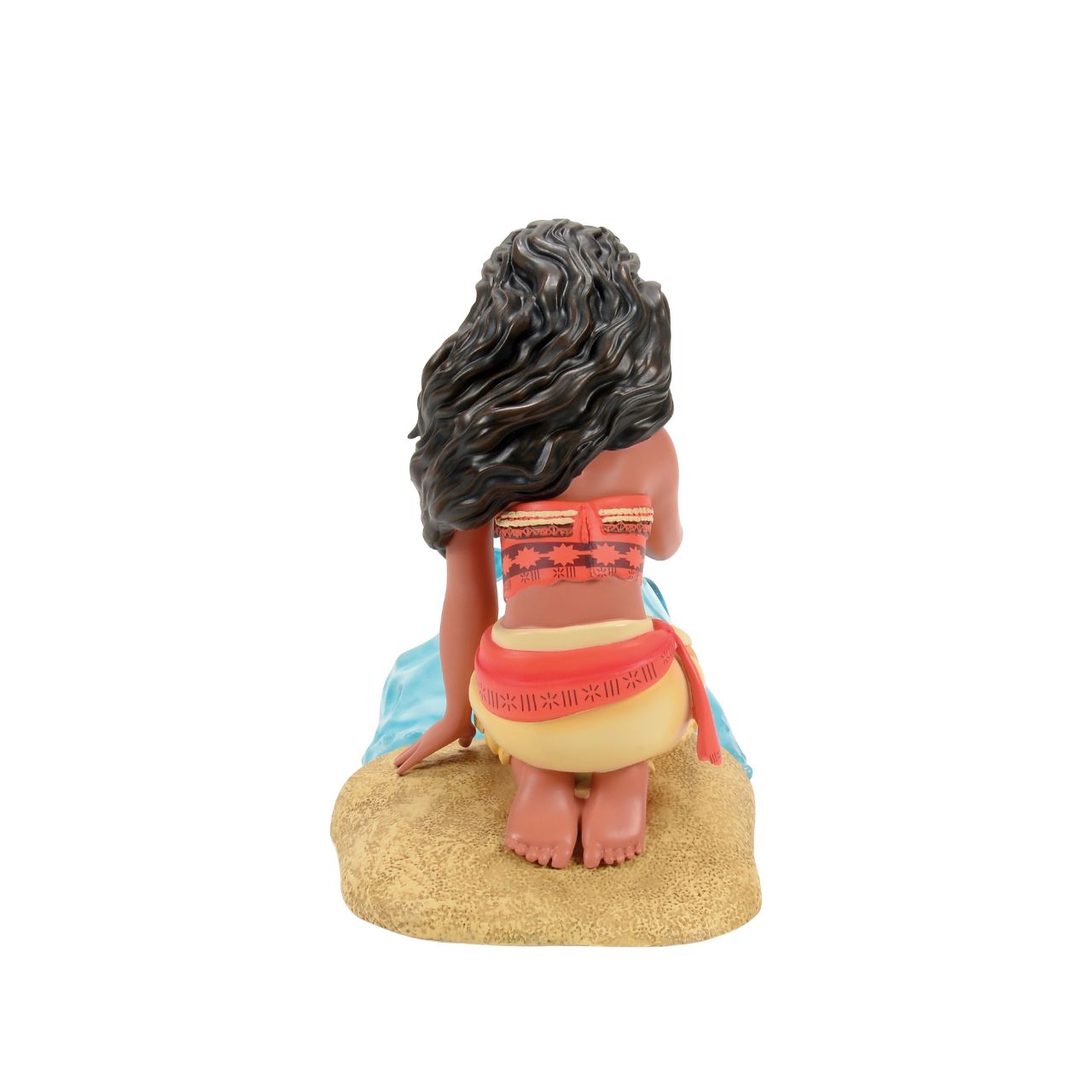 A clear resin wave swirls around Moana knees, creating a sense of motion and energy, reflecting her deep connection to the sea and her fearless spirit. Every detail is meticulously crafted, from Moana's traditional Polynesian attire to her confident expression and flowing hair.