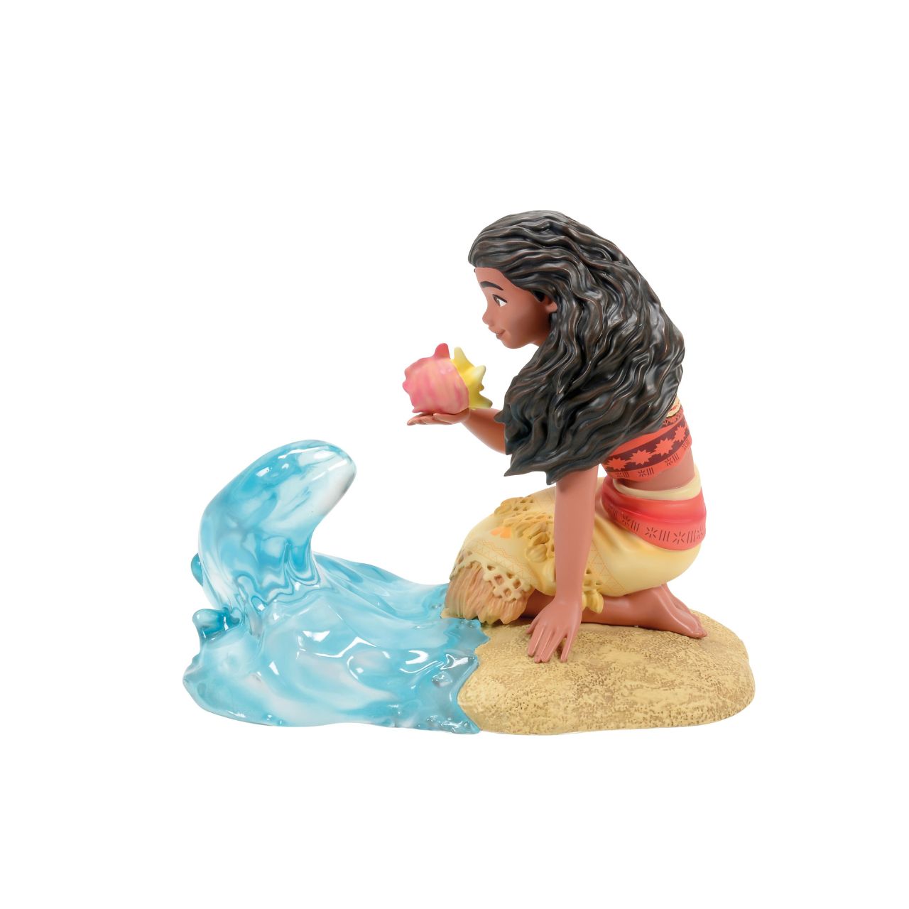 A clear resin wave swirls around Moana knees, creating a sense of motion and energy, reflecting her deep connection to the sea and her fearless spirit. Every detail is meticulously crafted, from Moana's traditional Polynesian attire to her confident expression and flowing hair.