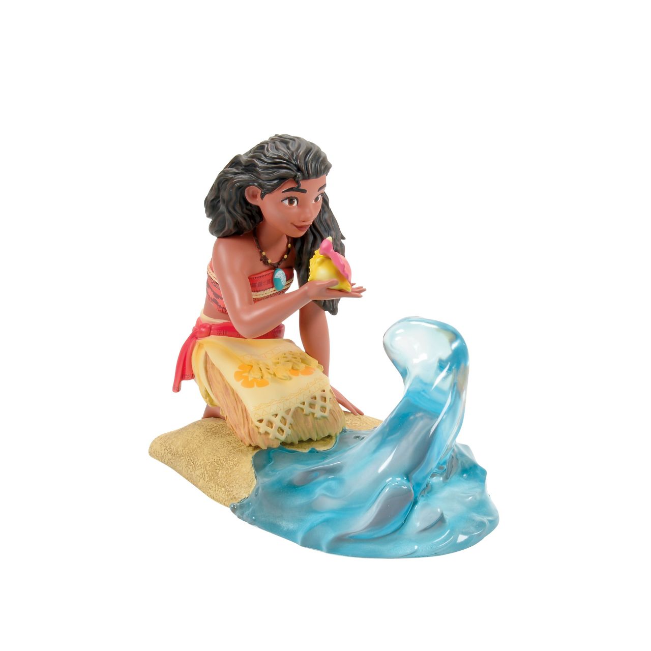 A clear resin wave swirls around Moana knees, creating a sense of motion and energy, reflecting her deep connection to the sea and her fearless spirit. Every detail is meticulously crafted, from Moana's traditional Polynesian attire to her confident expression and flowing hair.