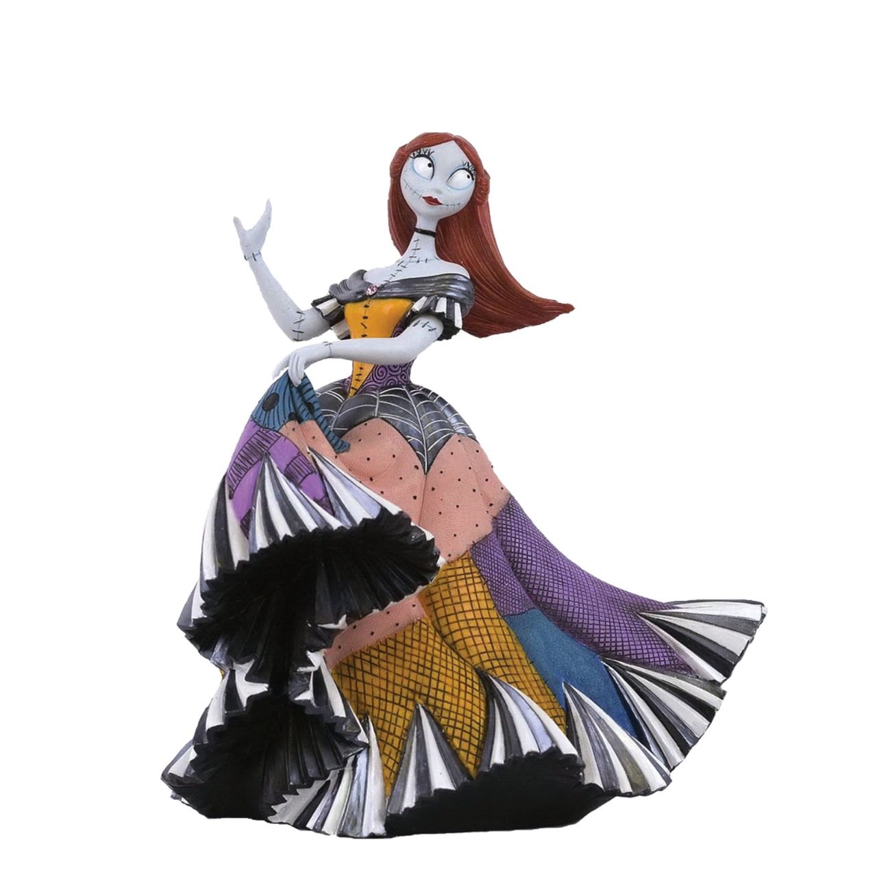 Disney Showcase Nightmare Before Christmas Sally Figurine  Sally from Tim Burton's The Nightmare Before Christmas has updated her rag doll dress into a stunning gown for the Halloween Ball. Hand painted by skilled artisans, Sally shines with iridescent paint and faux gem stones.