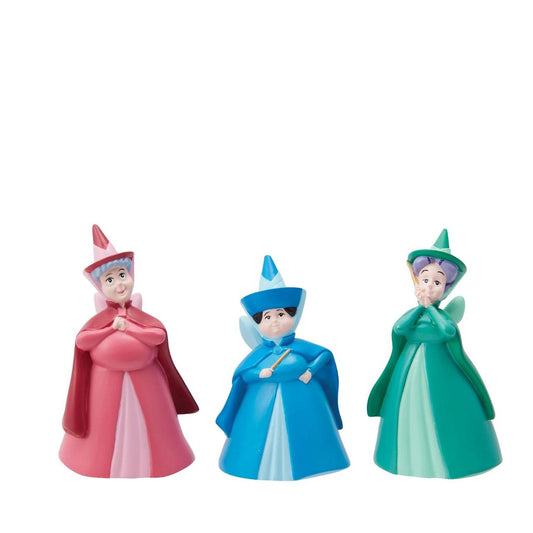 Disney Showcase Sleeping Beauty Mini Figurine Set  This adorable mini figure set features the central characters and best friends of Aurora from Disney's Sleeping Beauty. Flora, Fauna and Merry weather, the three fairy godmothers are depicted with their bright colours and sunny dispositions, partnering perfectly with the Briar Rose or Maleficent figurines from Disney Showcase.
