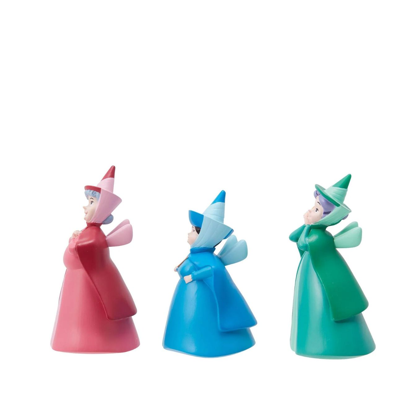 Disney Showcase Sleeping Beauty Mini Figurine Set  This adorable mini figure set features the central characters and best friends of Aurora from Disney's Sleeping Beauty. Flora, Fauna and Merry weather, the three fairy godmothers are depicted with their bright colours and sunny dispositions, partnering perfectly with the Briar Rose or Maleficent figurines from Disney Showcase.