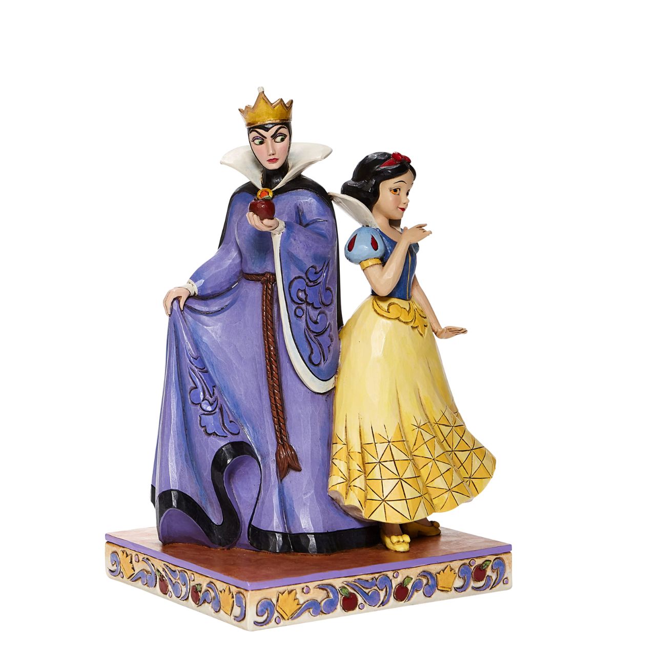 Evil and Innocence - Snow White and Evil Queen Figurine  Snow White is back-to-back with the Evil Queen in this handcrafted design inspired by the Disney classic. Richly detailed, this compelling scene of good and evil features the vibrant colour and folk-art motifs that are unmistakably Jim Shore.
