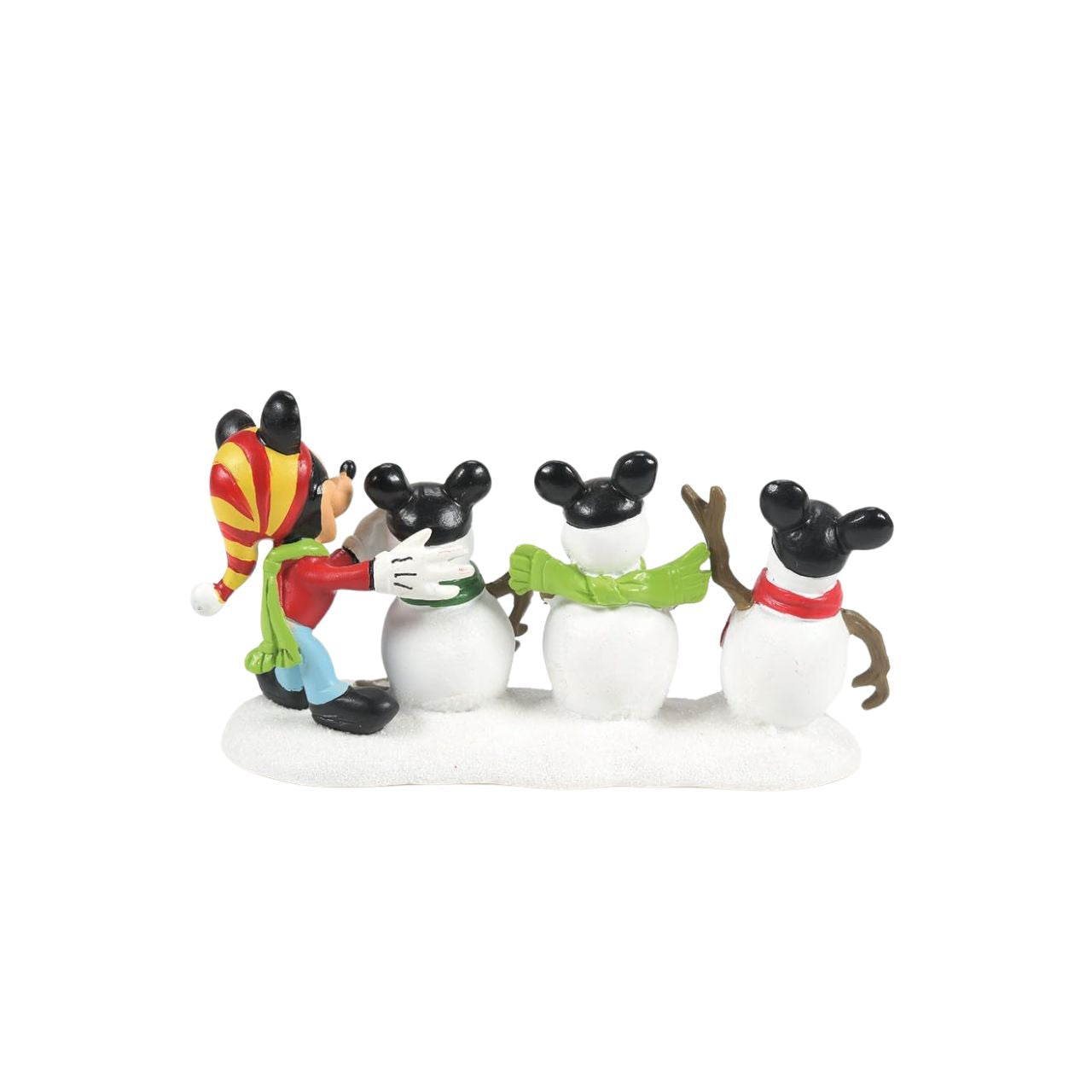 This hand-painted resin accessory is classic Mickey – dressed in a striped stocking cap and neck scarf, Mickey is putting the final touches on his three snowmen. Instead of a tall silk hat each snowman dons the iconic Mickey's Ears hat.