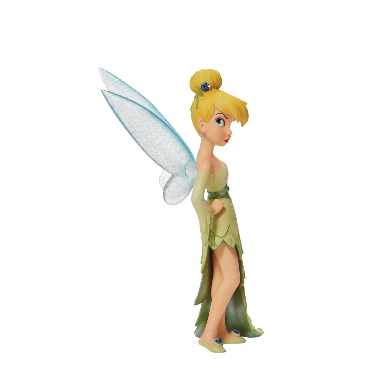 Hands on her hips, this pixie pouts with elegance and charm. With sparkling fairy wings and bedazzled accents, this Disney collectible is a tiny treasure. Wearing a dress made from the finest leaves, Tinker Bell is the unofficial queen of Neverland.