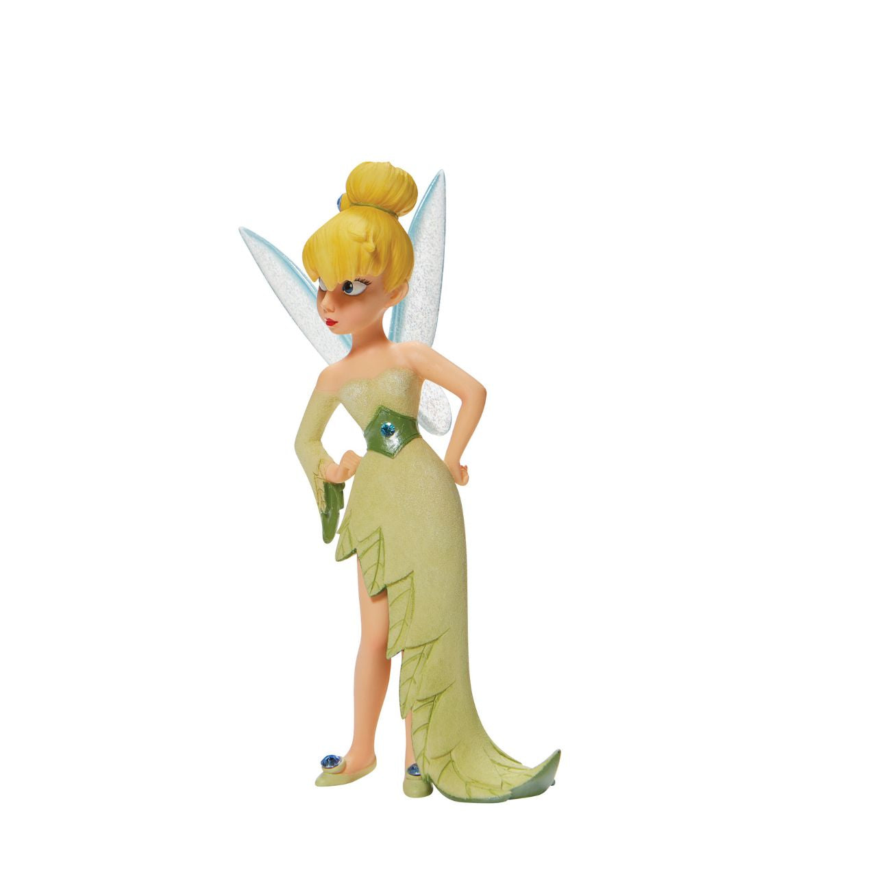 Hands on her hips, this pixie pouts with elegance and charm. With sparkling fairy wings and bedazzled accents, this Disney collectible is a tiny treasure. Wearing a dress made from the finest leaves, Tinker Bell is the unofficial queen of Neverland.