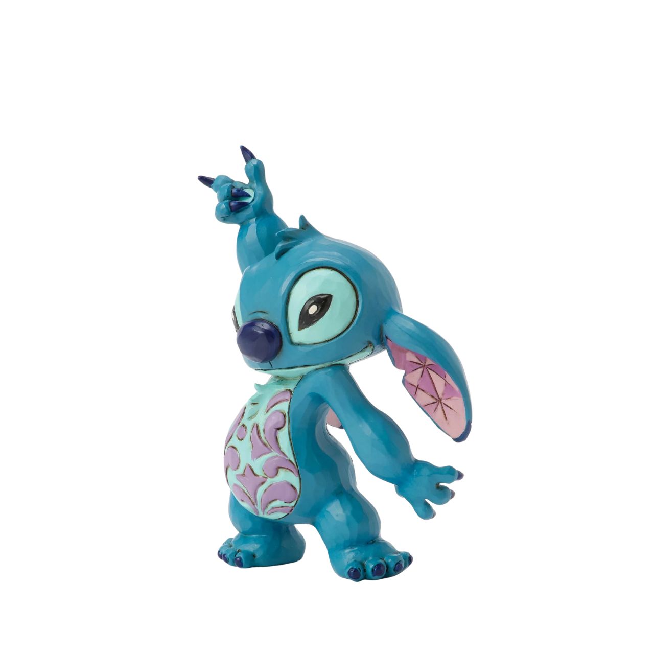 This lively Jim Shore design captures Stitch's playful spirit as he dances with rosemaling on his belly and patterned ears. Whether it's the hula or Elvis, his carefree moves are full of charm and mischief.