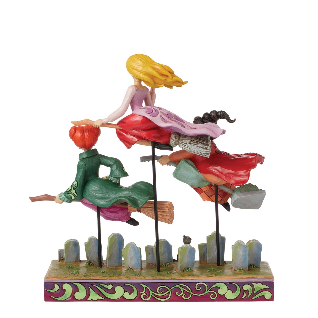In this spellbinding Jim Shore design, the Sanderson Sisters soar on their broomsticks high above a moonlit Salem, Massachusetts. Each sister wears her iconic gown, with an expression perfectly capturing their distinct and hilarious personalities.