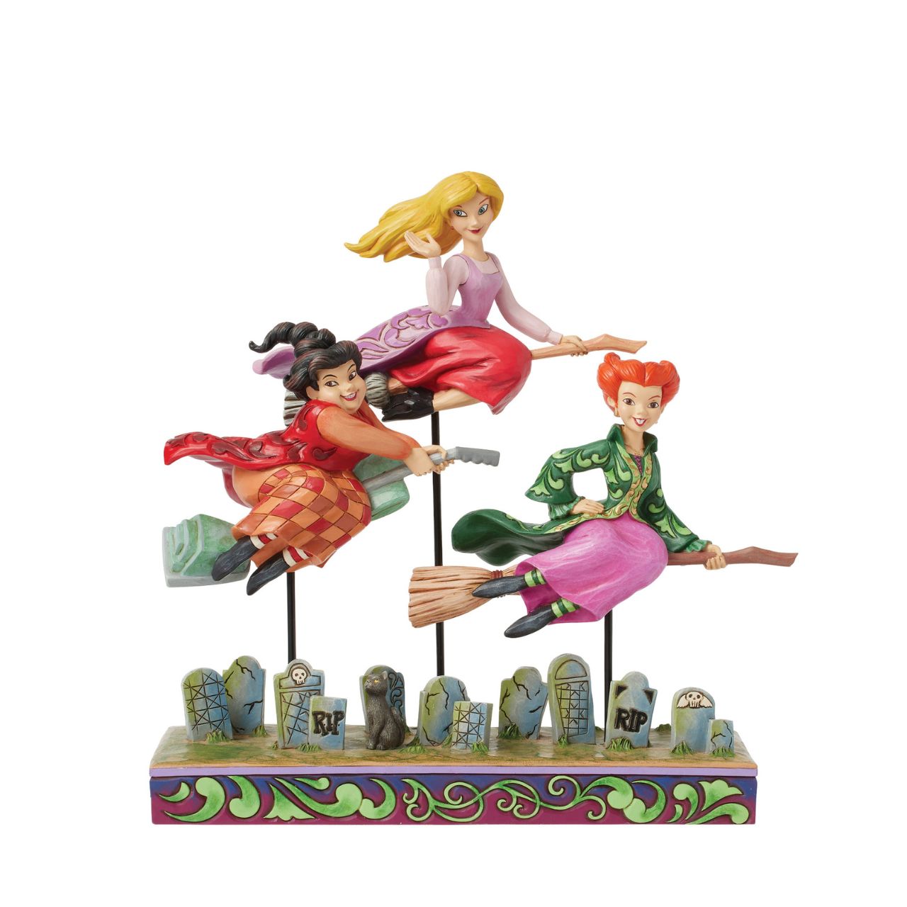 In this spellbinding Jim Shore design, the Sanderson Sisters soar on their broomsticks high above a moonlit Salem, Massachusetts. Each sister wears her iconic gown, with an expression perfectly capturing their distinct and hilarious personalities.