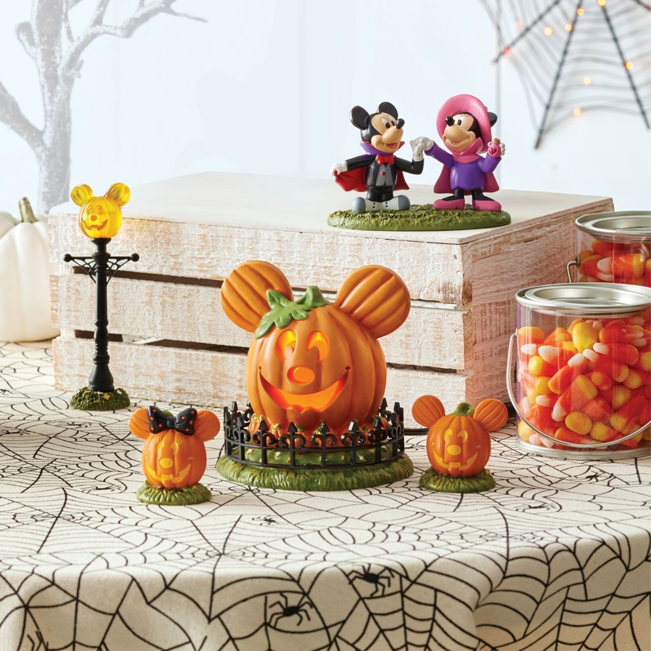 This large lit pumpkin is the perfect center to your Disney Village display. The jack-o-lantern's smiling face welcomes all to the fall festivities.
