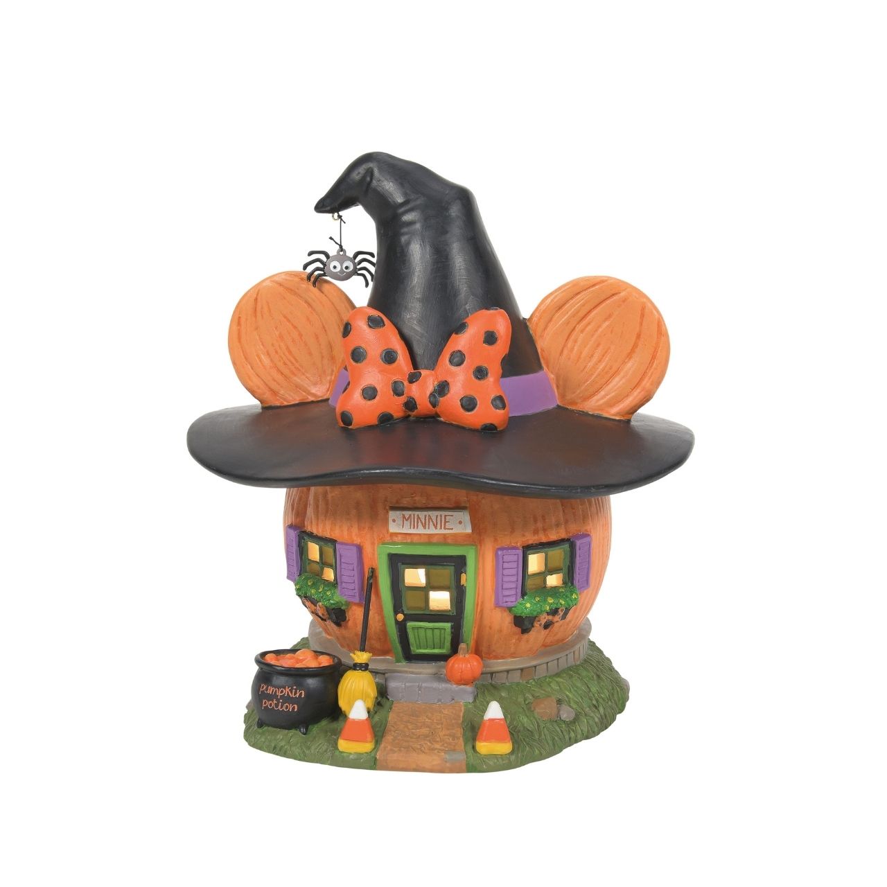 Wearing a jaunty witch's hat and her signature polka-dotted bow, Minnie's Pumpkin Town House is ready for the season!