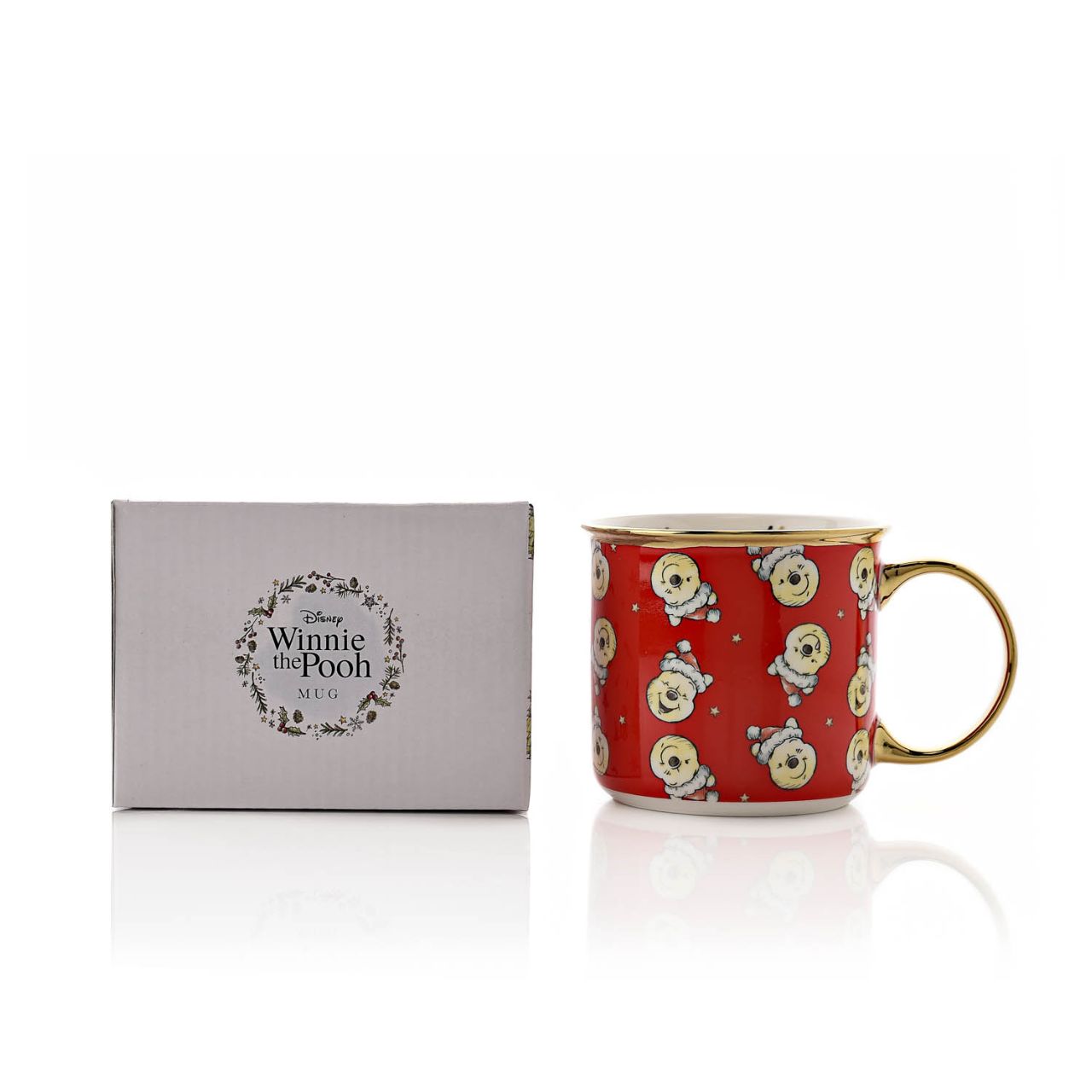 Disney Winnie Christmas Pattern Mug  This Winnie the Pooh mug would make a cute and festive gift option this Christmas. Perfect for a cosy hot chocolate by the fireplace on Christmas Eve, this mug features a repeated festive pattern, and a gold electroplated rim and handle.