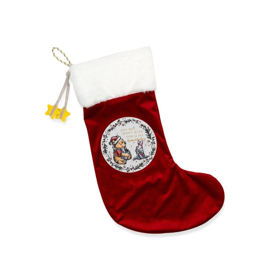 Disney Winnie Christmas Stocking "Favourite Day"  Fill this Winnie the Pooh stocking with gifts to brighten any little one's Christmas morning. With a sentimental quote featuring in sparkling gold letters above a delightful illustration of Winnie the Pooh and Piglet, this sack is as adorable as it is unique.