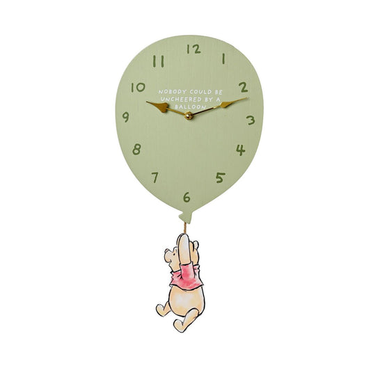 Featuring a charming illustration of Pooh Bear dangling from a balloon pendulum, this clock is sure to bring a smile to any Winnie the Pooh fan's face.