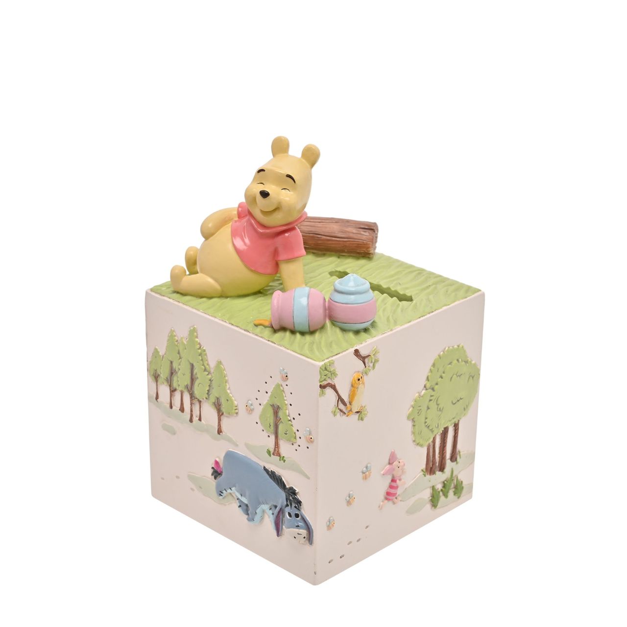 This white money box features the instantly recognisable Winnie the Pooh characters and brightens up saving for a rainy day. Based on the works of A.A.Milne and E.H.Shepard, the characters personalities are readily on display to see.