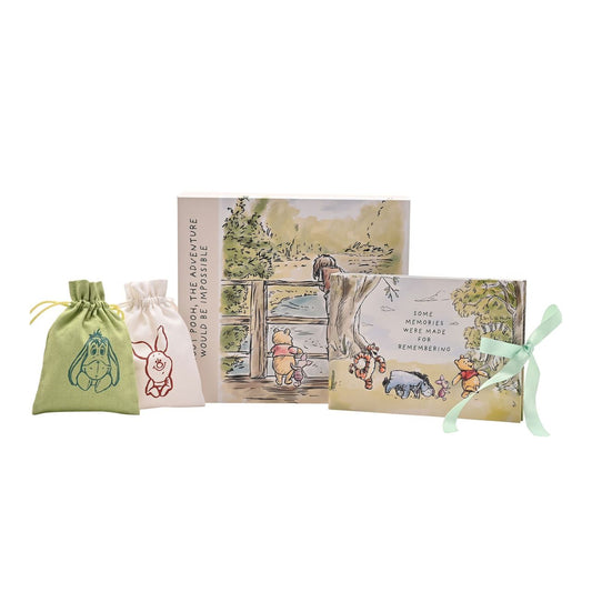 Celebrate the enchanting world of Winnie the Pooh with this delightful keepsake box from DISNEY, perfect for preserving cherished memories. The charming design features Pooh and his friends in a whimsical forest scene.