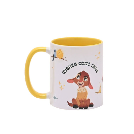 This charming yellow and white mug features an adorable Valentino on the front, perfect for any lover of this tiny, cute goat character.