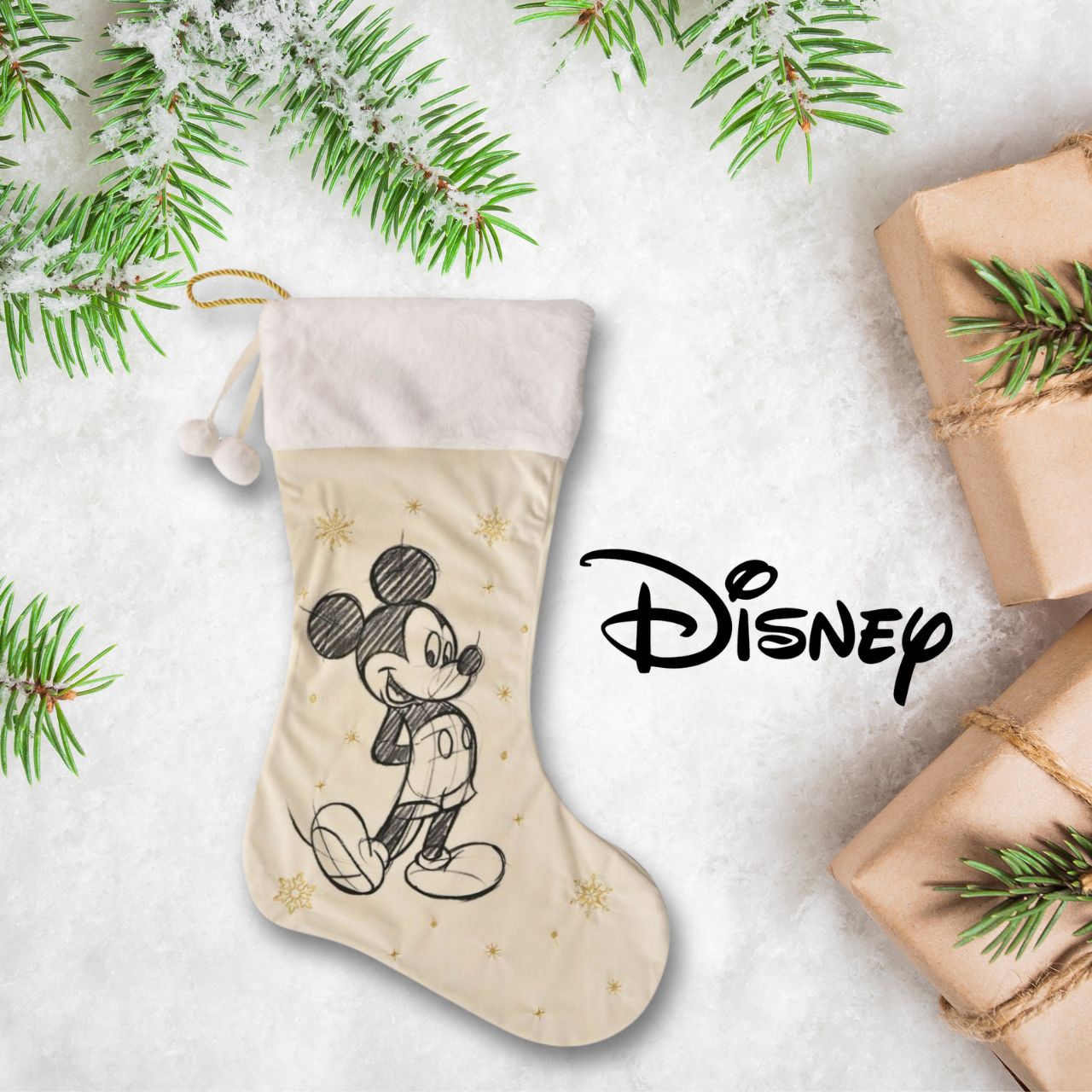 This Disney stocking would look beautiful hanging on any mantel this Christmas morning. With cute pompom detailing, a delightful print of Mickey Mouse, and a golden star design, this stocking is sure to brighten any Disney fan's day.