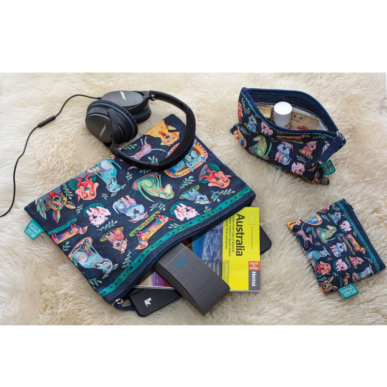 Michelle Allen Dog Park Zipped Pouch Large  These beautiful zippered 100% Cotton pouches are perfect for pencils/pens, trinkets, charging cords, make up or pretty much anything you can possibly think of. Exclusively designed by Michelle Allen.