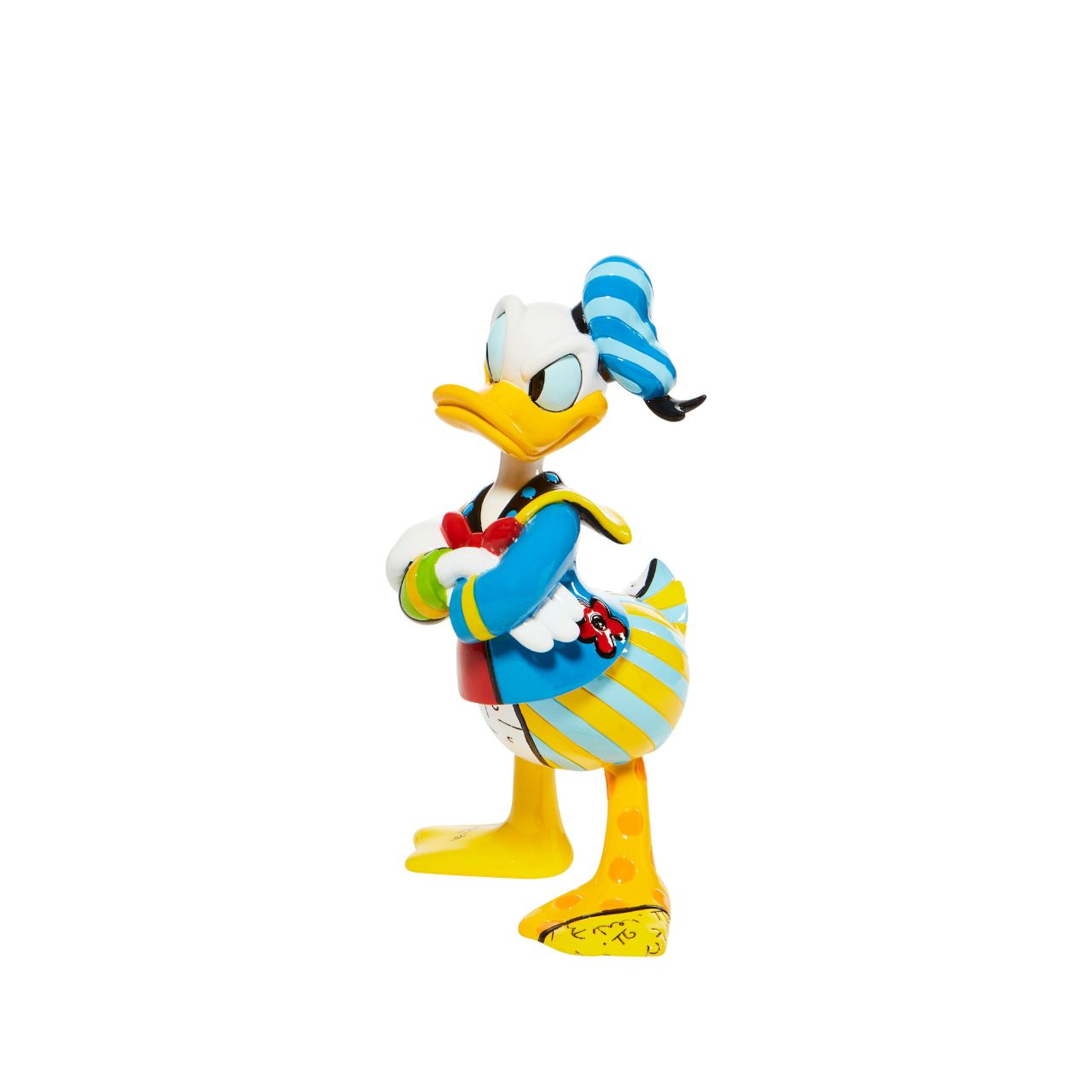 Redesigning the classic character Donald Duck, the bird pouts with flashy feathers. With bold colour and compelling pattern, contemporary pop artist Romero Britto captures the fun and whimsy of Disney.