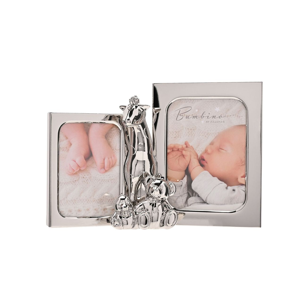 The frame is embellished with a cute giraffe alongside two teddies in the middle of two small frames measuring 2.5" x 3.5" and 3.5" x 4.5" each.