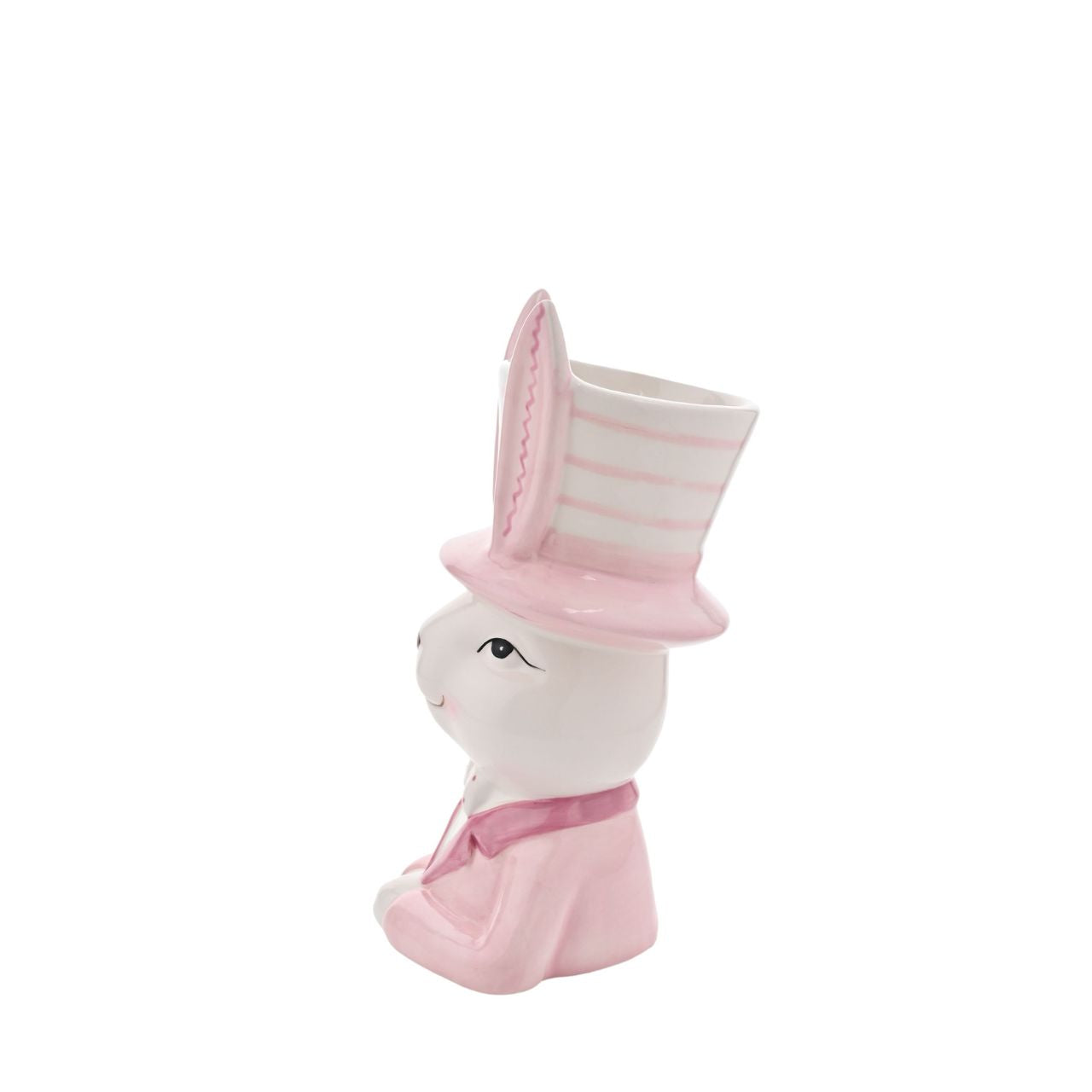 Bring a playful touch to your product line with the Eggs-traordinary Gifting Company's Bunny in Top Hat Pink Planter. Featuring an adorable bunny in pastel pink this charming planter adds a whimsical flair on its own and even more vibrancy when paired with plants or flowers.