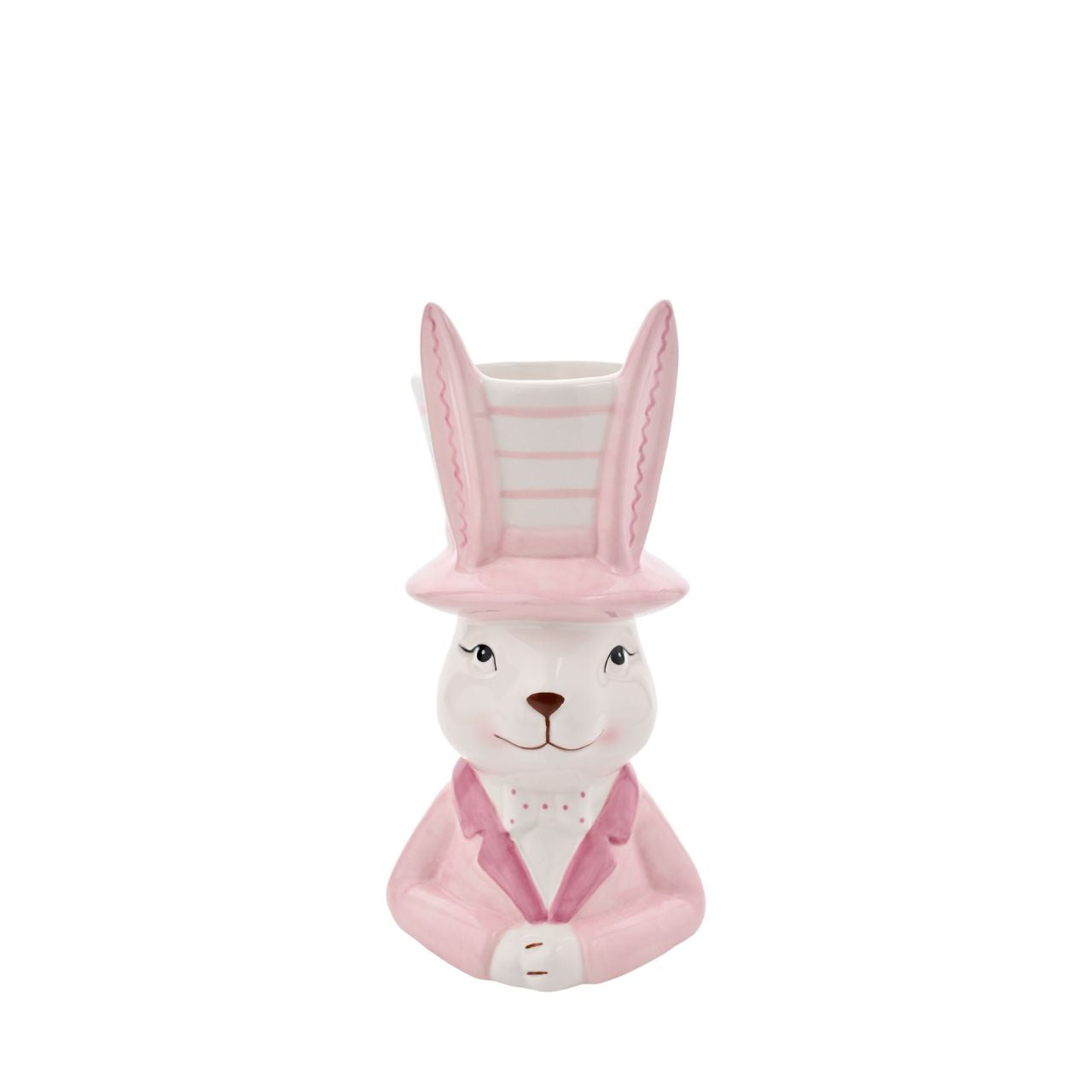 Bring a playful touch to your product line with the Eggs-traordinary Gifting Company's Bunny in Top Hat Pink Planter. Featuring an adorable bunny in pastel pink this charming planter adds a whimsical flair on its own and even more vibrancy when paired with plants or flowers.